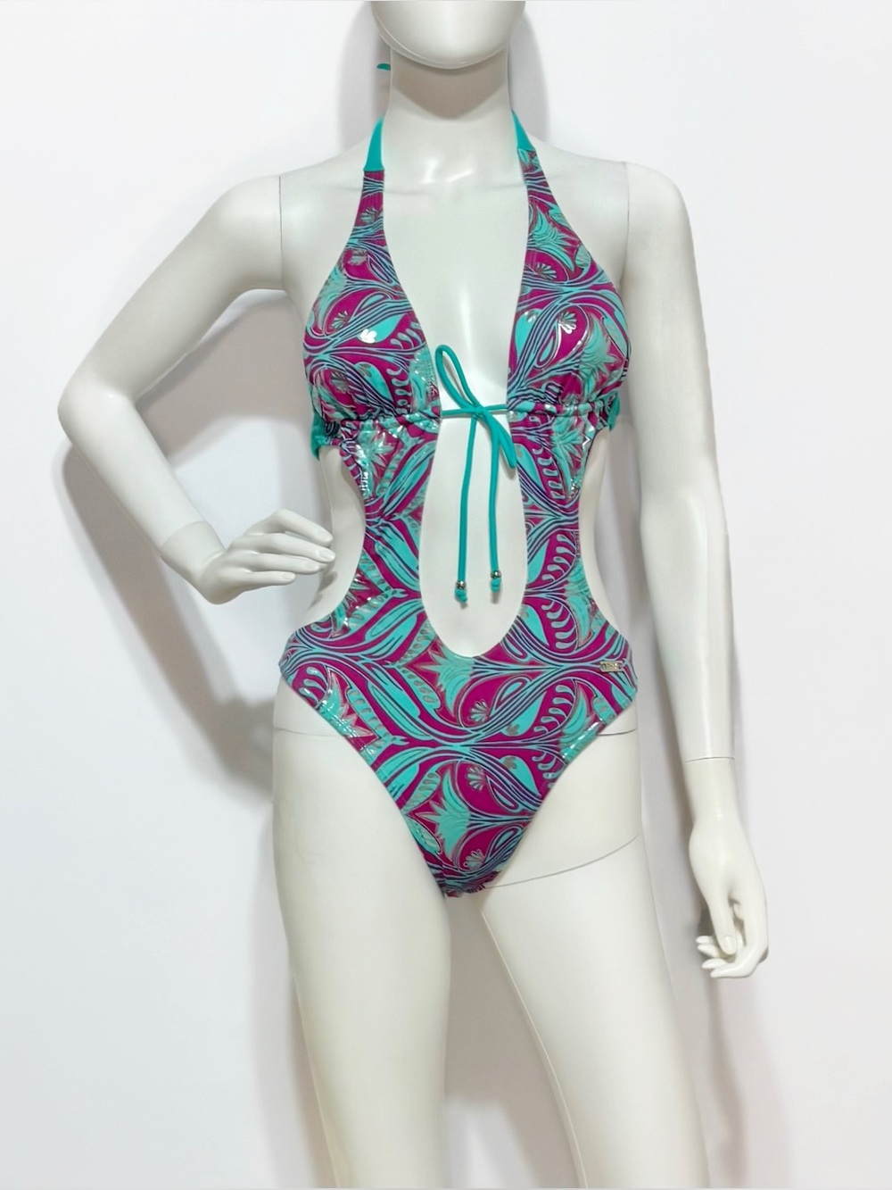 PHAX Y2K halter Cutout One-Piece Swimsuit in Teal & Magenta | Size M